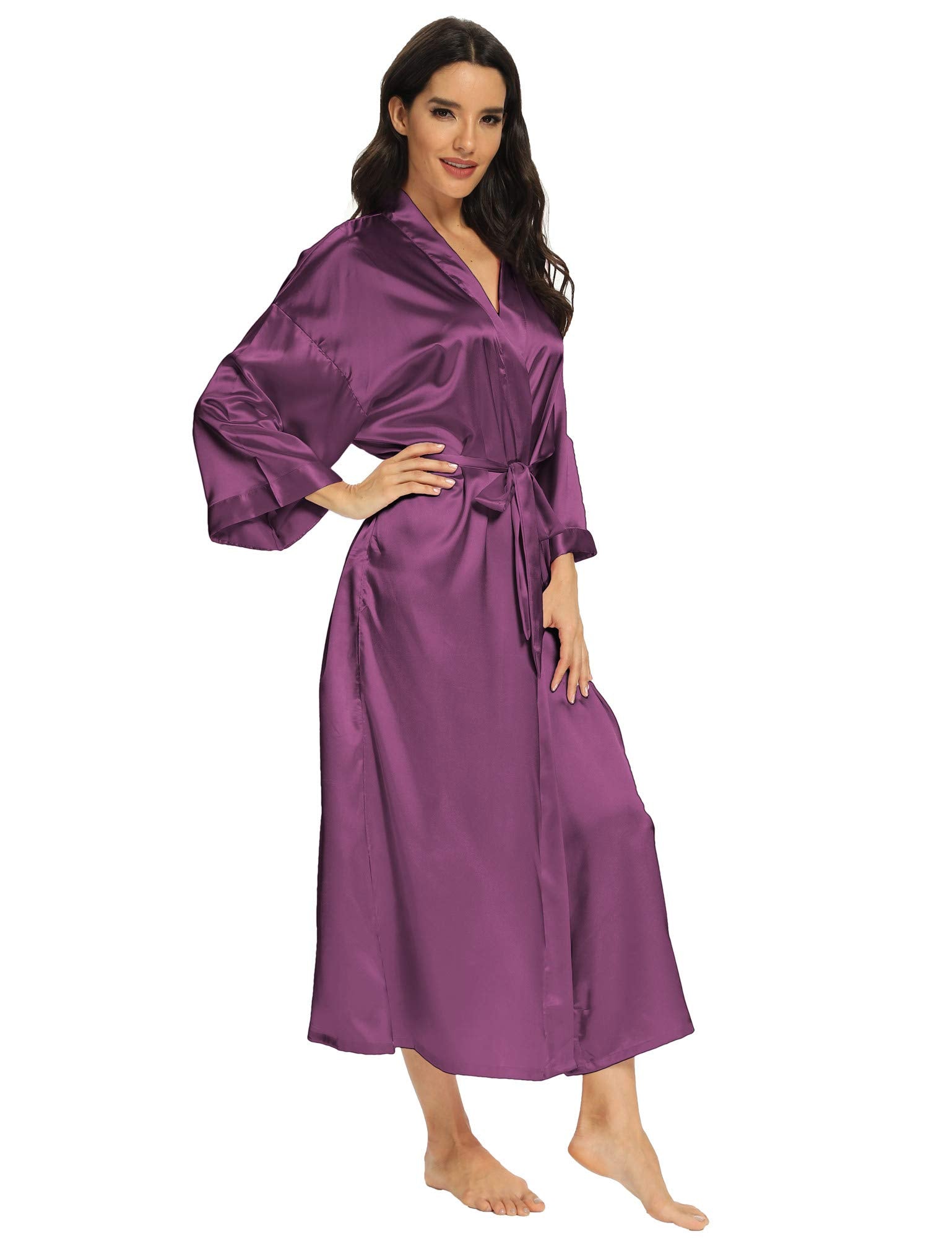 MizzGenio Women's Plus Size Long Silk Robes Long Satin Kimonos Plus Size Long Robes Dressing Gown, Purple,4X-Large-5X-Large Plus