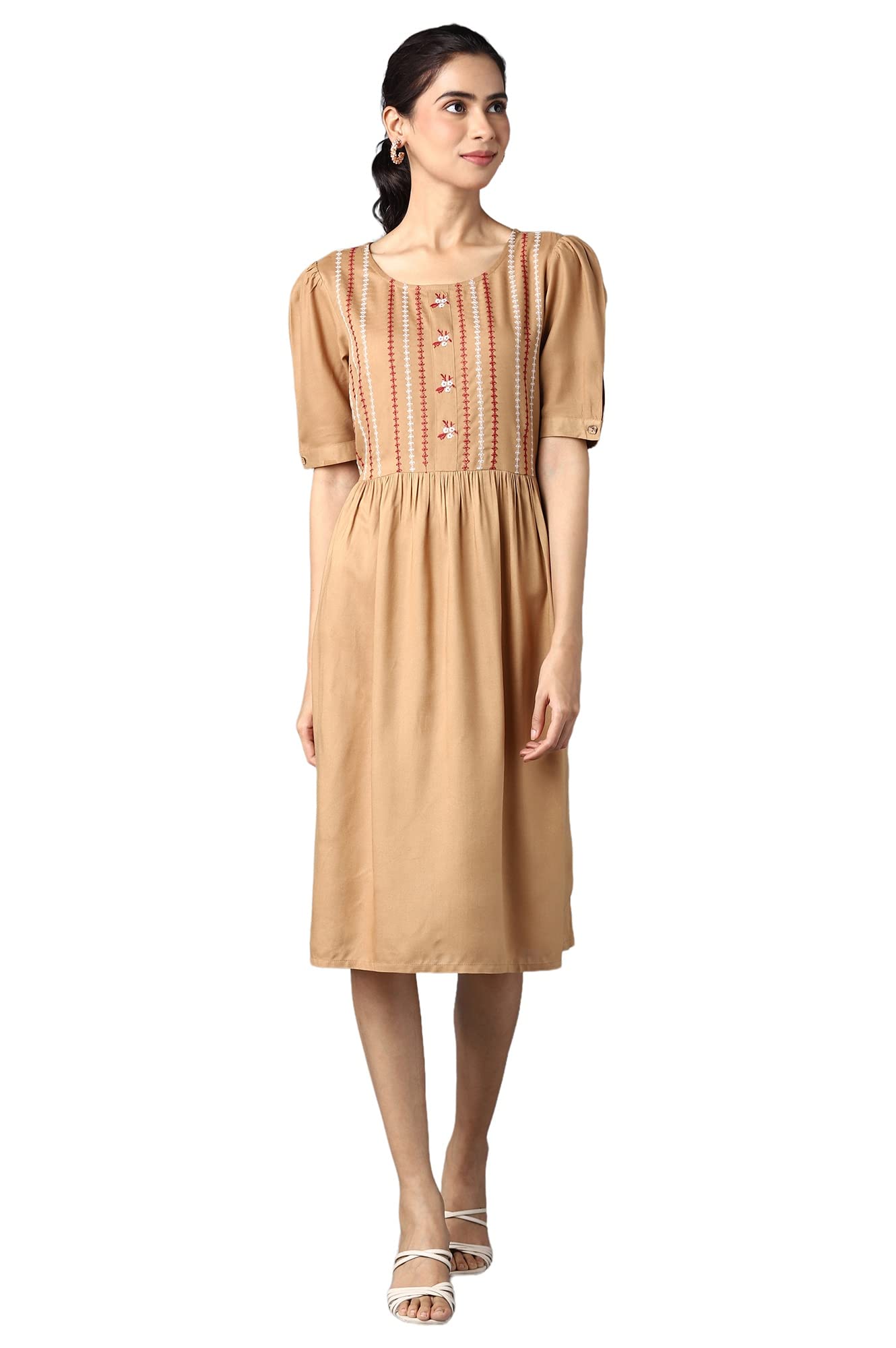 Aure Collection By Aurelia Beige Embroidered Dress With Gathers