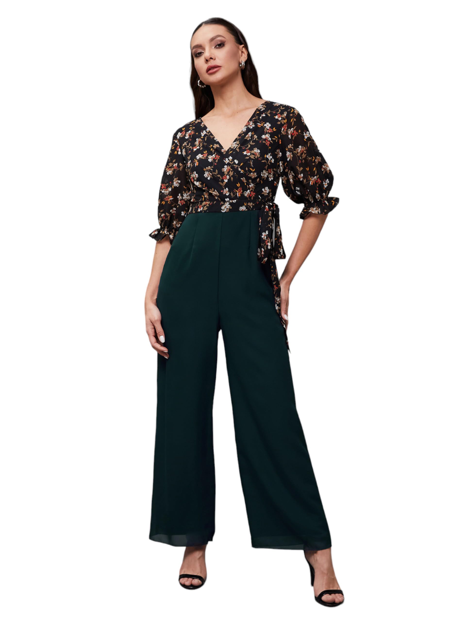 Miss Chase WomenS V-Neck Puff Sleeve Floral Patterned Jumpsuit With Pockets (Mcss23D15-75-306-05, Multicolored-Base-Teal, L)