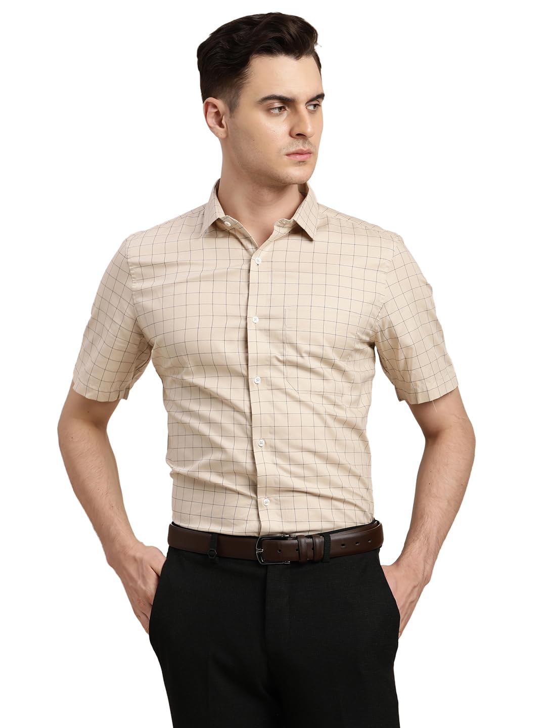 Turtle Men 100% Cotton Regular Fit Beige Checkered Half Sleeve Formal Shirt