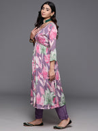 Varanga Women Mauve Floral Printed Pure Silk Chinon Embroidered V-Neck Aliya Cut Kurta Paired With Tonal Bottom And Dupatta
