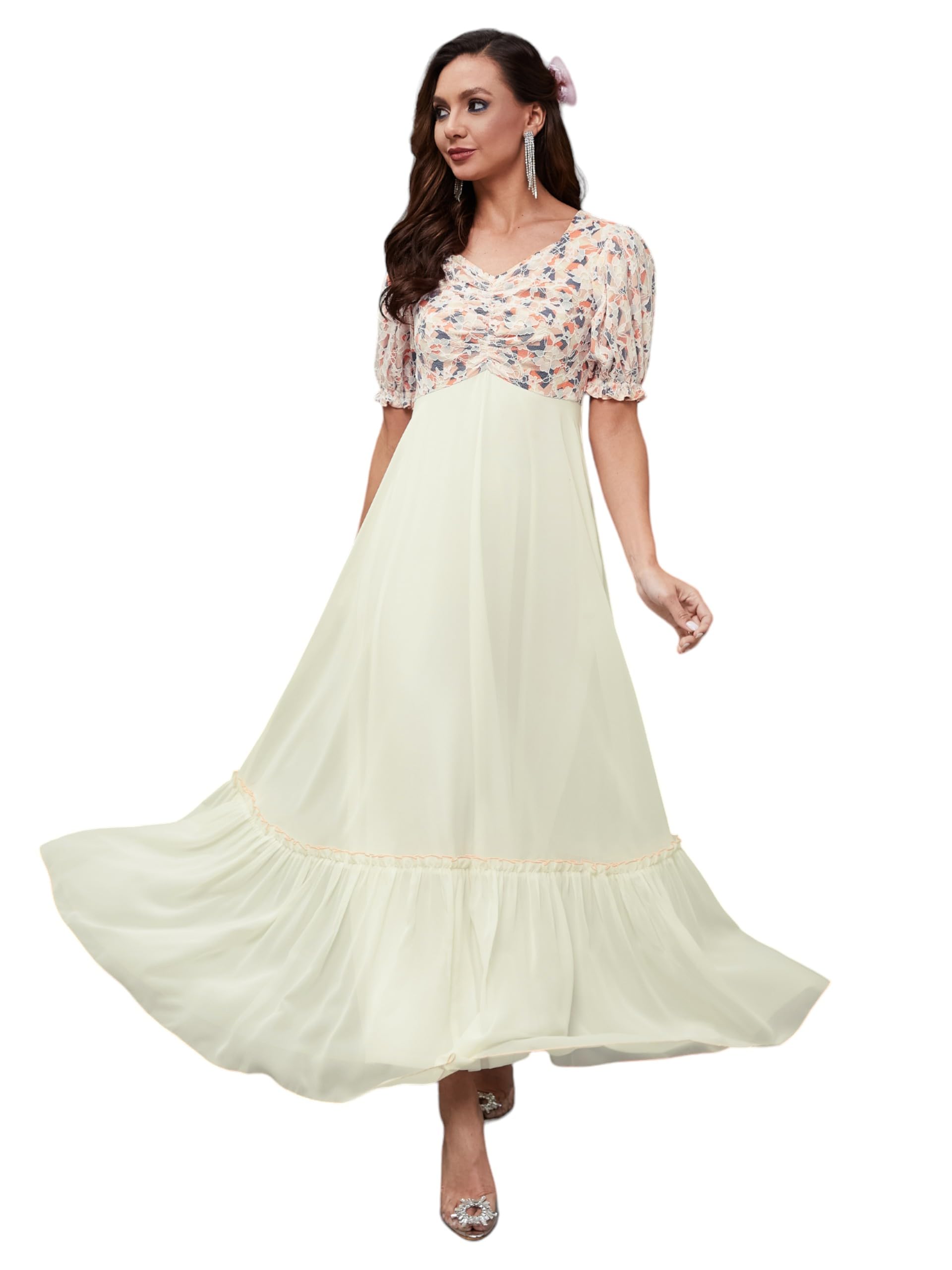 Miss Chase WomenS Sweetheart Neck Puff-Sleeve Georgette Maxi Dress With Pockets (Mcss24D13-91-191-03, Multicolored-Base-Off Whit