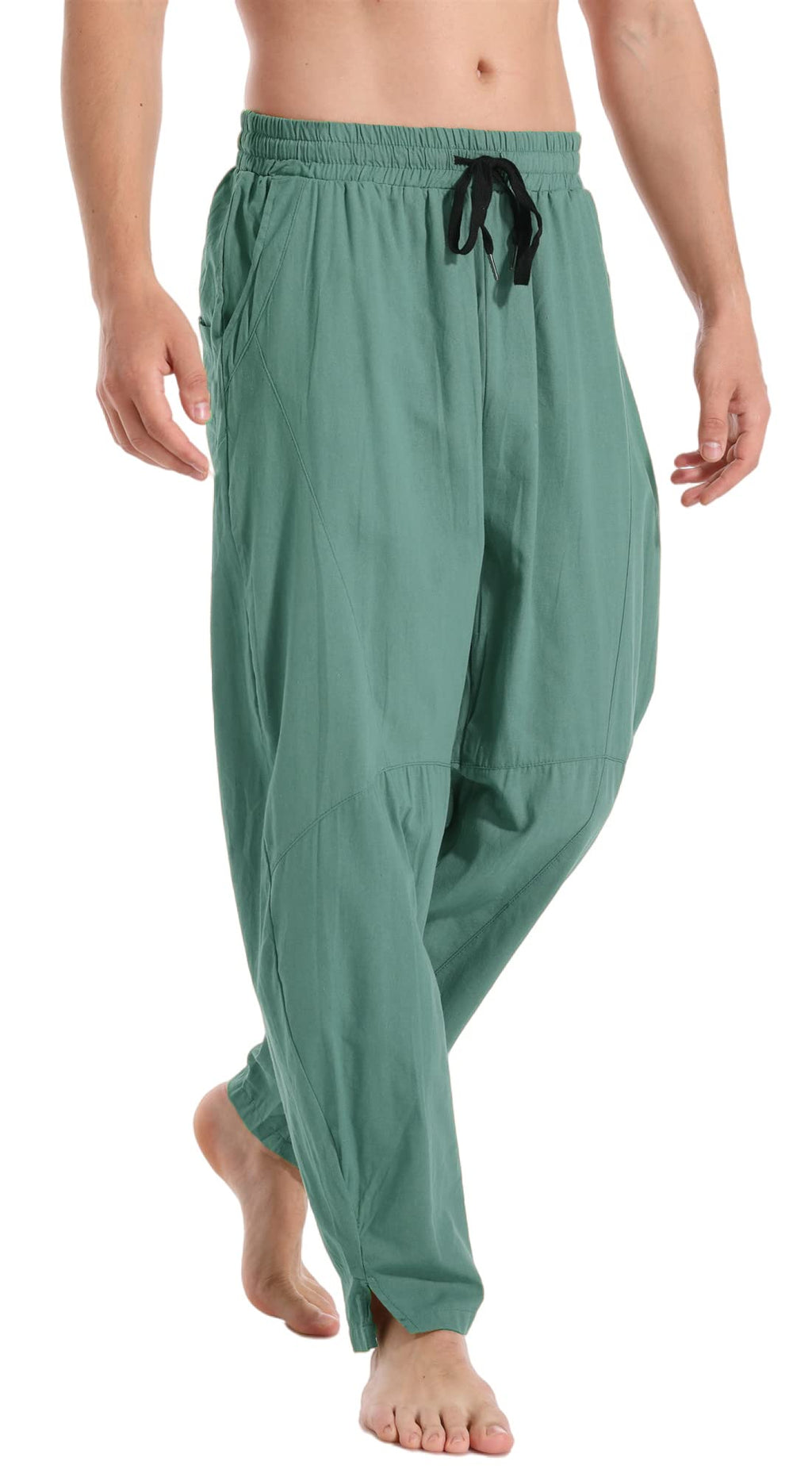 perdontoo Mens Linen Cotton Loose Fit Casual Lightweight Elastic Waist Summer Pants (XX-Large, Green)