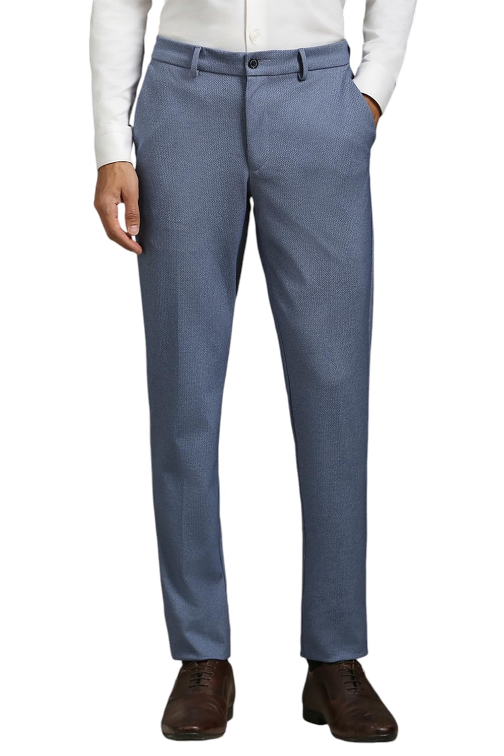 Louis Philippe Men Blue Slim Tapered Fit Textured Flat Front Formal Trousers