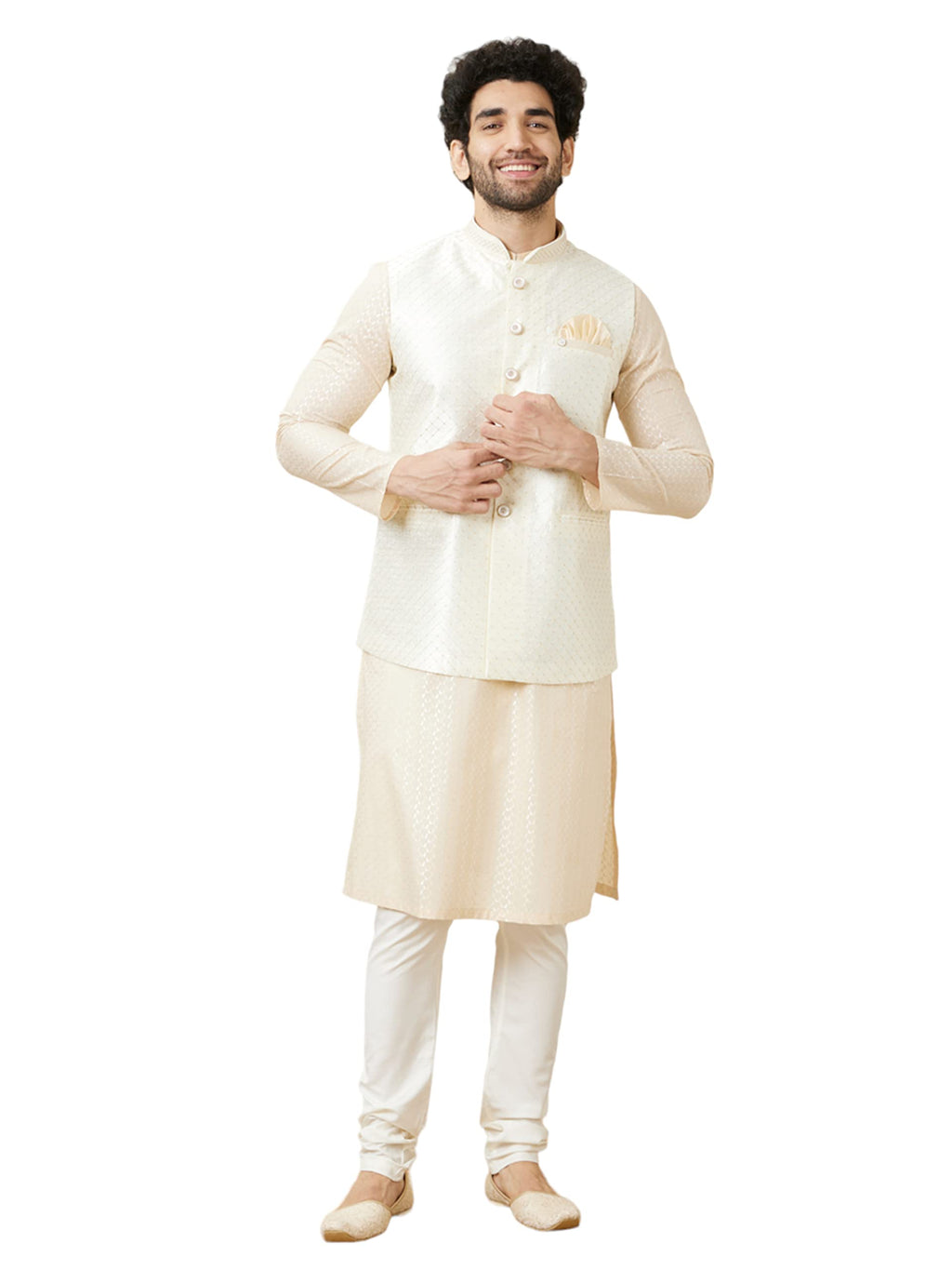 Manyavar MenS Art Silk Self Design Sleeveless Mandarin Collar Traditional Nehru Jacket (Cream,Xl)