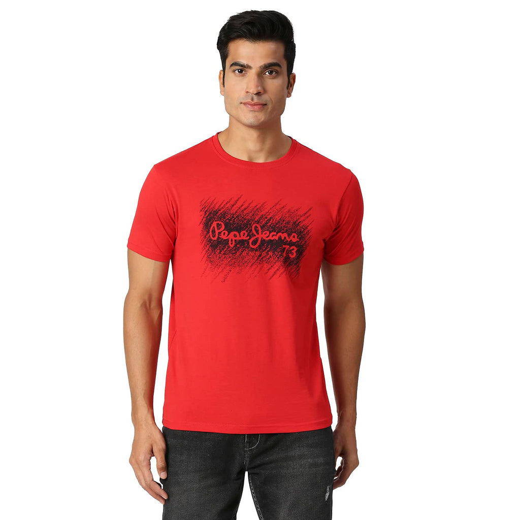 Pepe Jeans Men Cotton Blend Slim Fit Graphic Printed T-Shirts Red, Medium