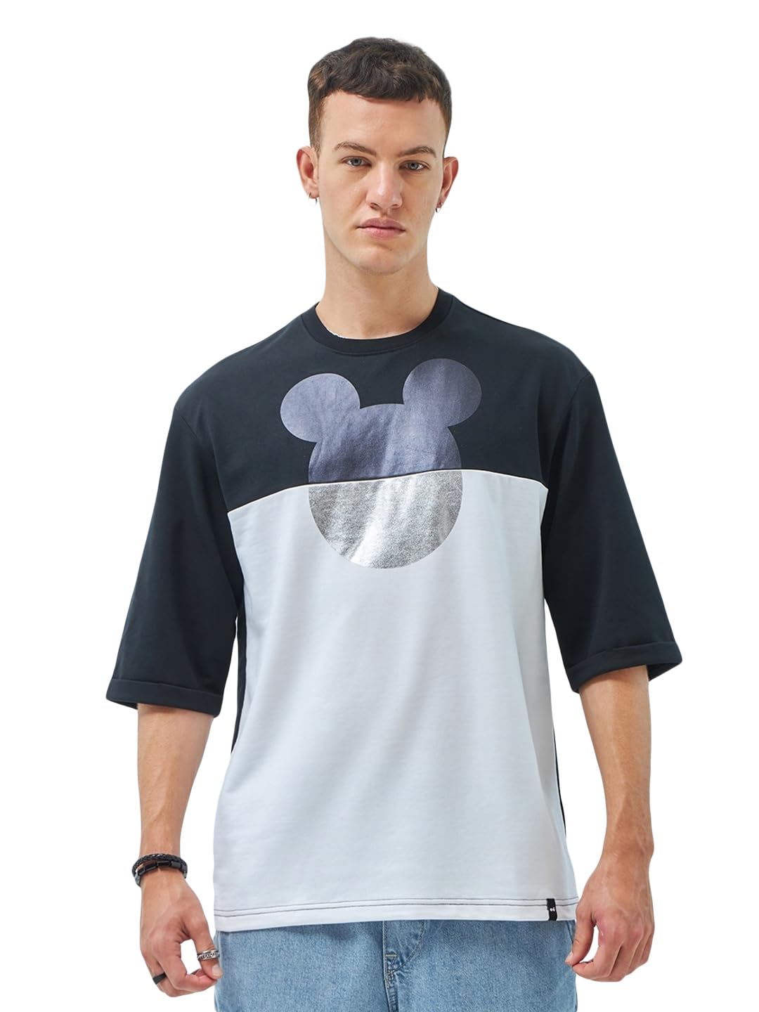 Bewakoof Official Disney Merchandise Mens Graphic Printed Super Loose Fit Half Sleeve Round Neck Terry T-Shirt_ 604517 Black M