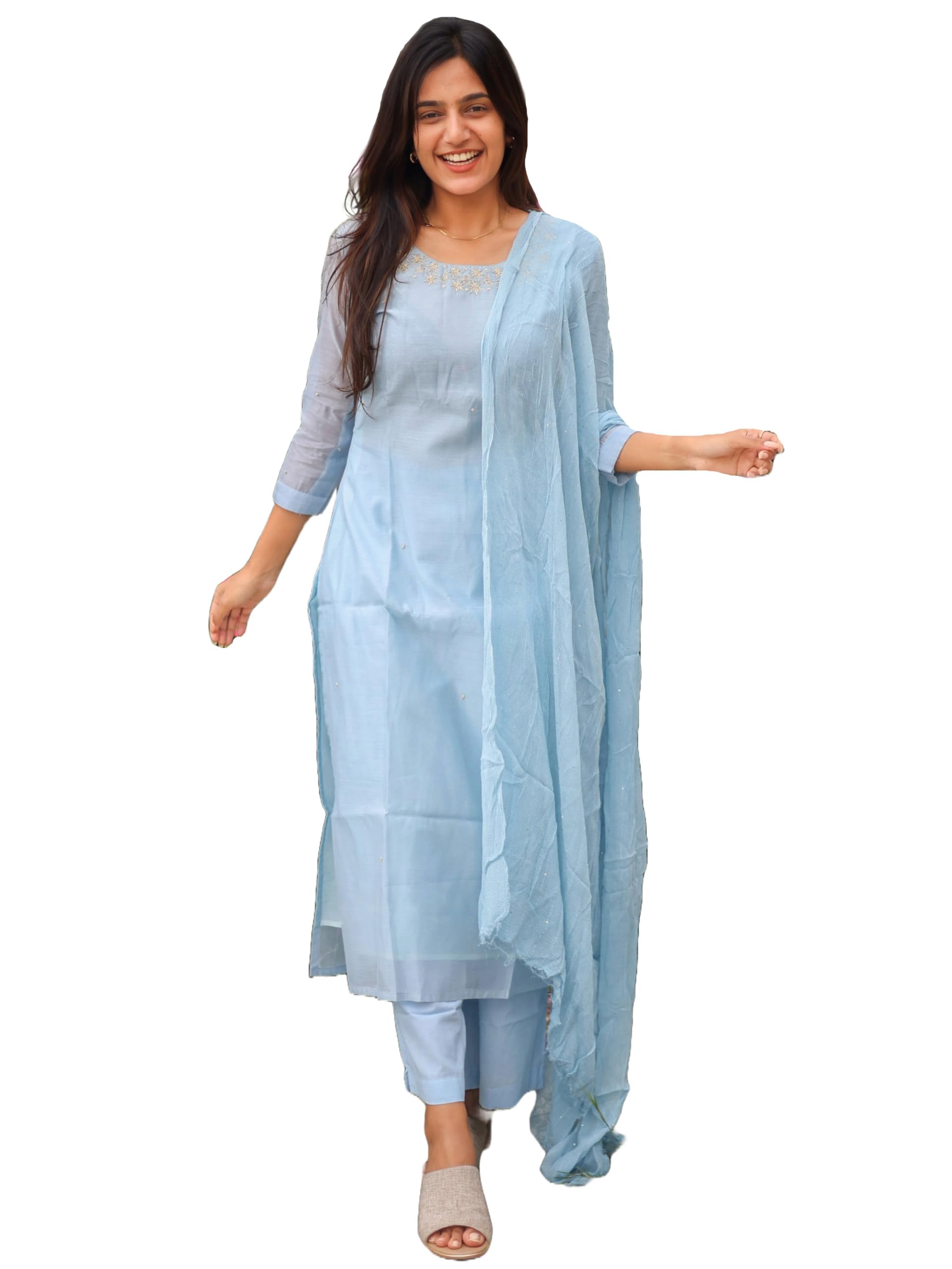 ANNI DESIGNER Womens Rayon Viscose Solid Straight Kurta with Pant & Dupatta (Hinoor Blue_M_Blue_Medium)