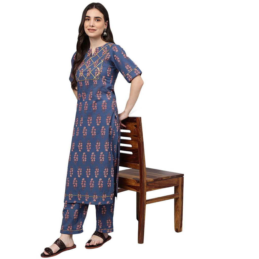 Idalia Blue And Red Printed Cotton Kurta Pants
