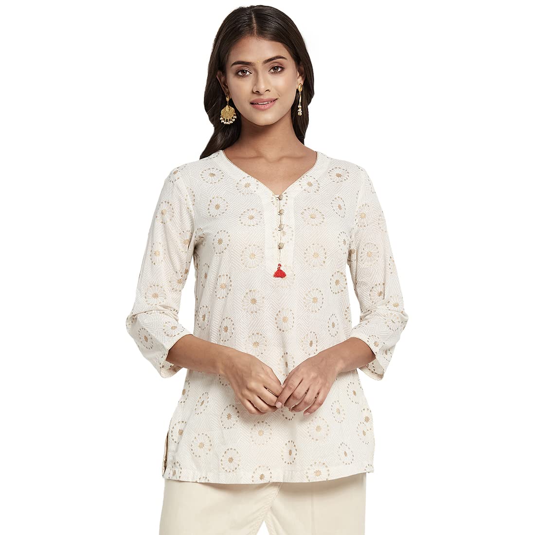 Fabindia Women Cotton Hand Block Print Kurta Short Natural_M