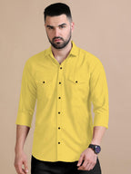 Rebelify MenS Double Pocket Shirt  Classic Casual Cotton Blend With Adjustable Cuffs Yellow