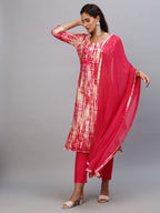 Gosriki Women'S Cotton Blend Printed Straight Kurta With Pant & Dupatta (Chitkabra-Pink-Gs)