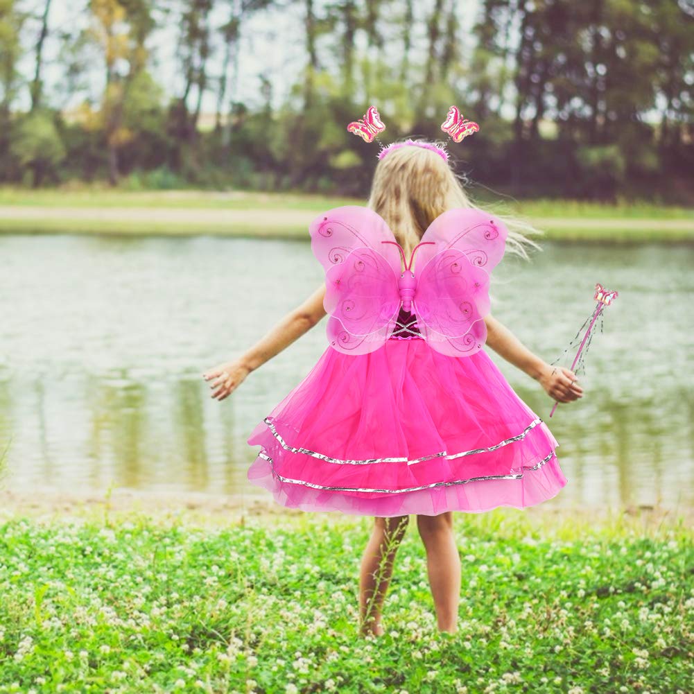 VOWOV Halloween Girls Dress Up Princess Fairy Costume Set with Dress, Wings, Wand and Headband for Children Ages 3-10