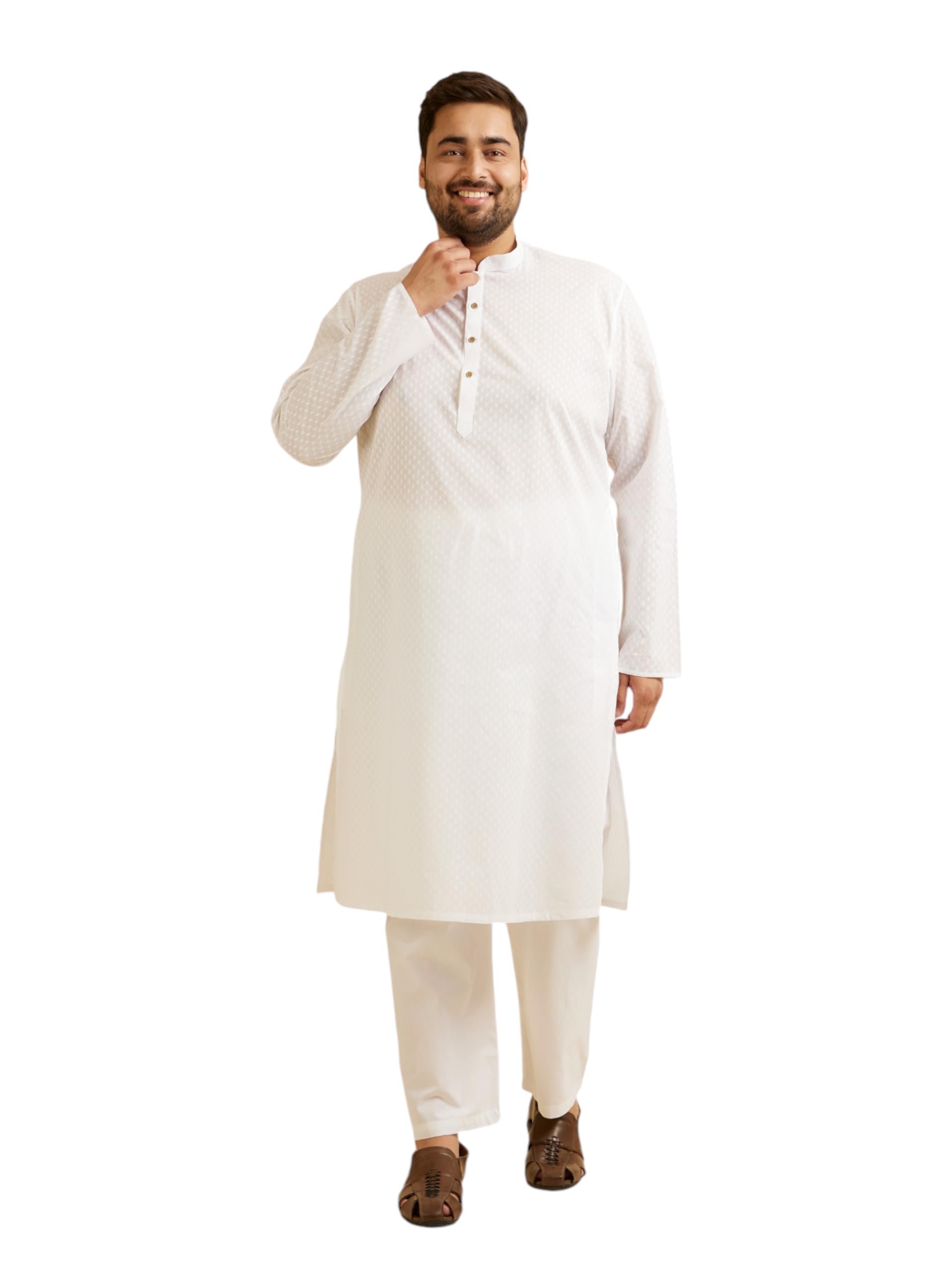 Manyavar Mens Cotton Self-Design Kurta Pyjama Set (White,04XL)