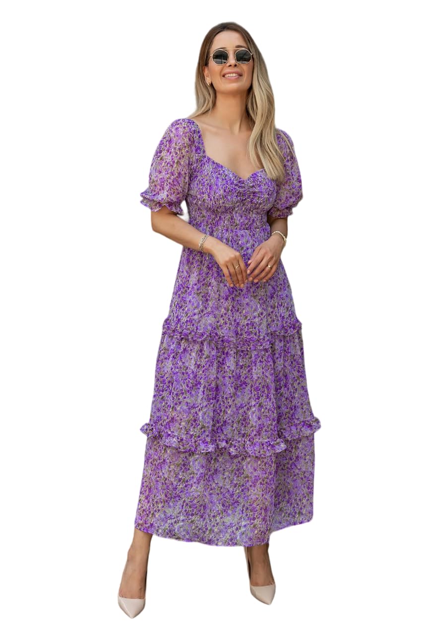 Sheetal Associates Womens Floral Puff Sleeve High Waist A Line Flowy Long Dress (XX-Large, Purple)