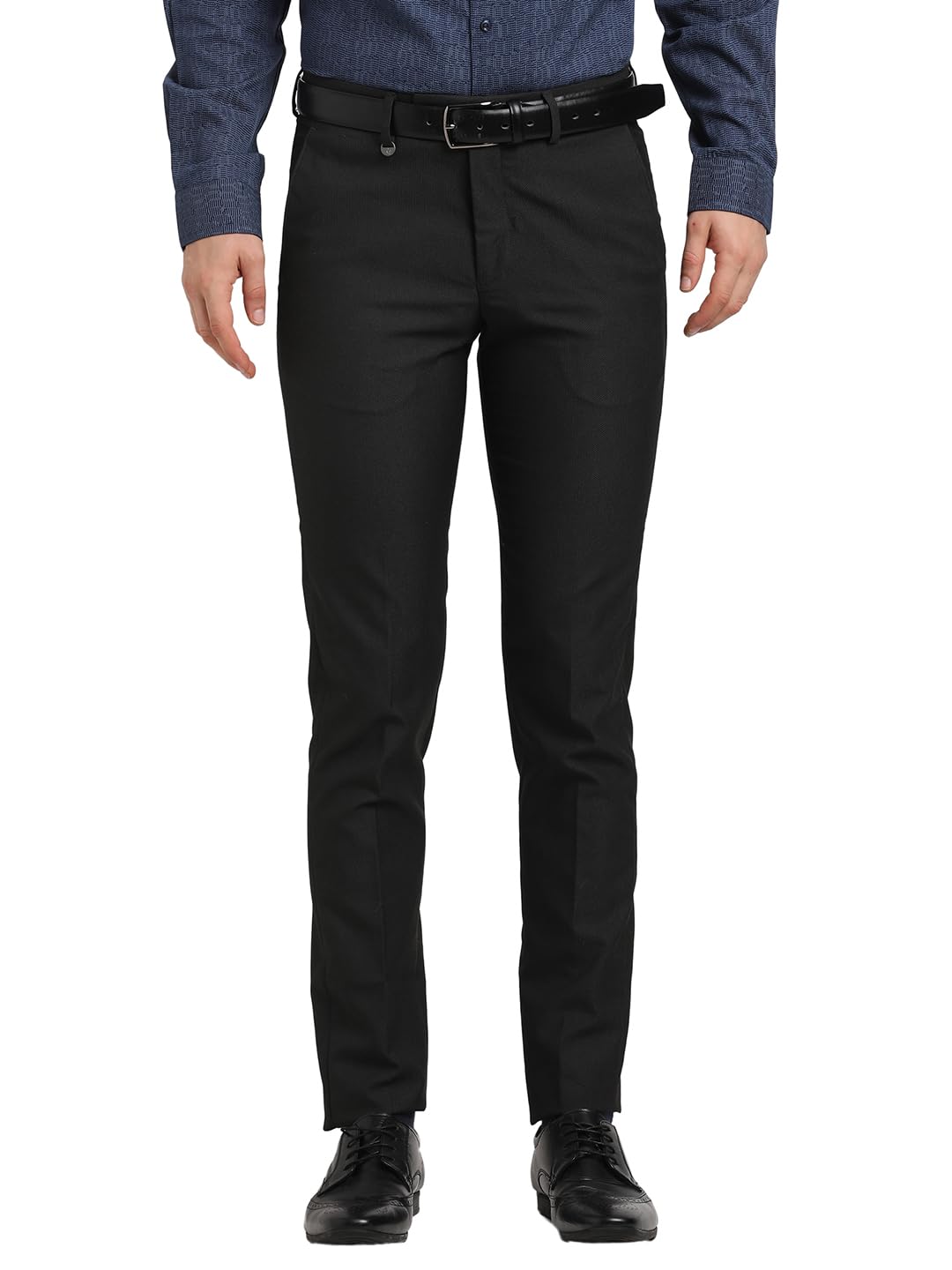 Turtle Men Poly Viscose Stretch Black Dobby Printed Ultra Slim Fit Formal Trouser