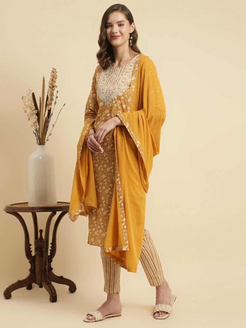 rangita Cotton Embroidered Straight Kurta with Pant and Dupatta