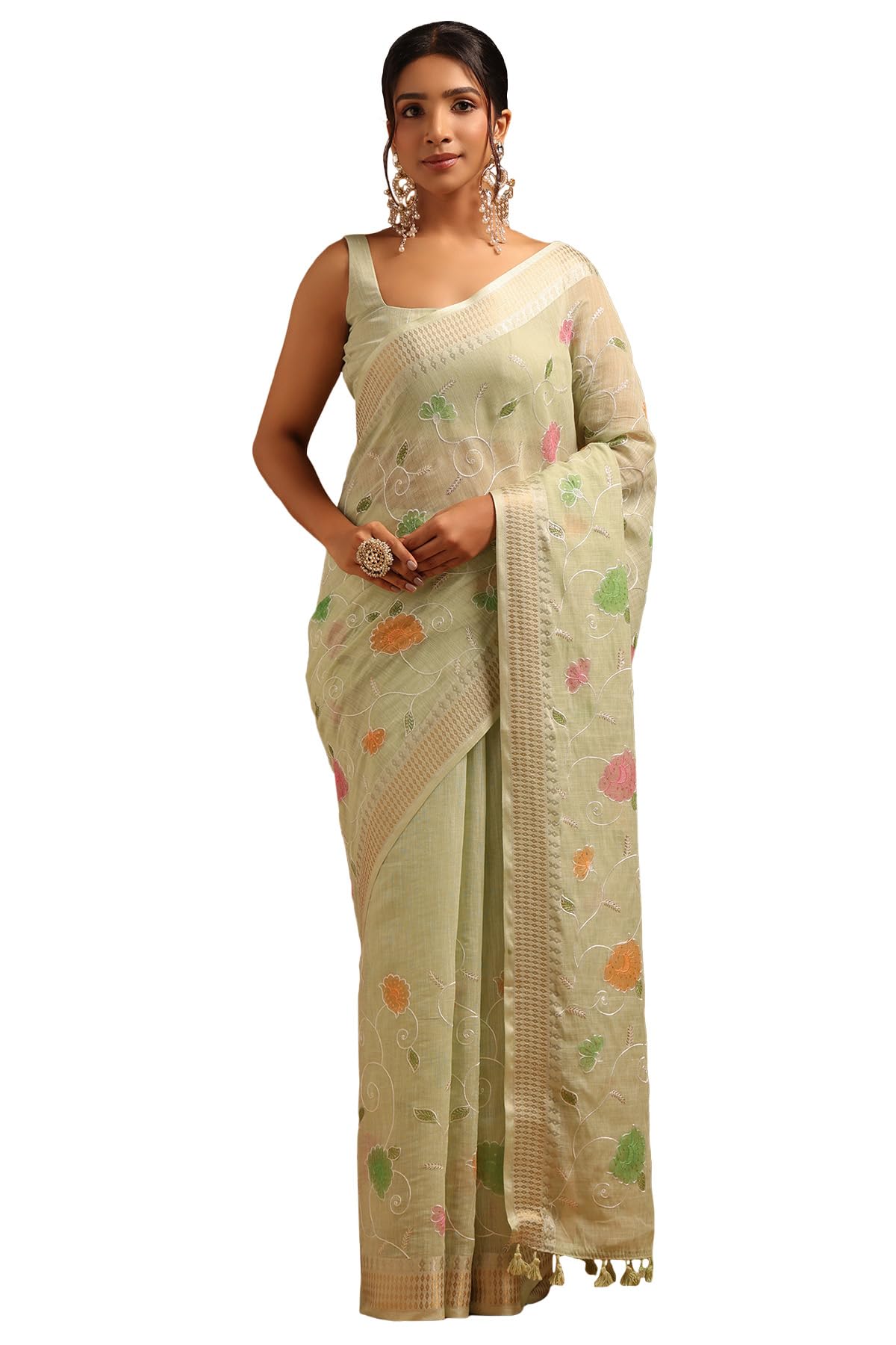 Soch Women Linen Floral Saree with Embroidery and Sequin Details