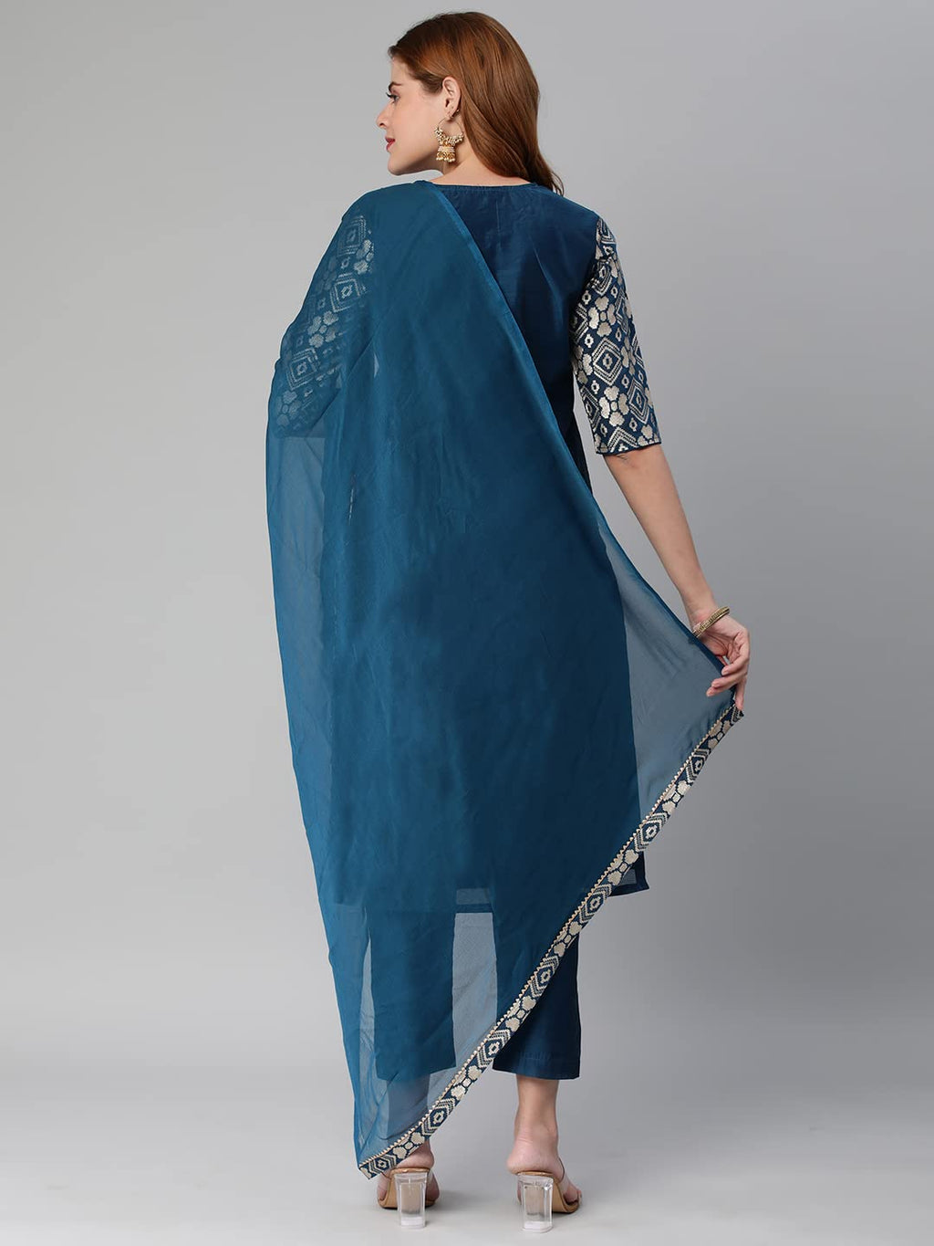 ANNI DESIGNER Womens Banarasi Woven Straight Embellished Printed Kurta with Pant & Dupatta (KABZAA-Cerosin-Nw_XL_Dark Blue_X-La
