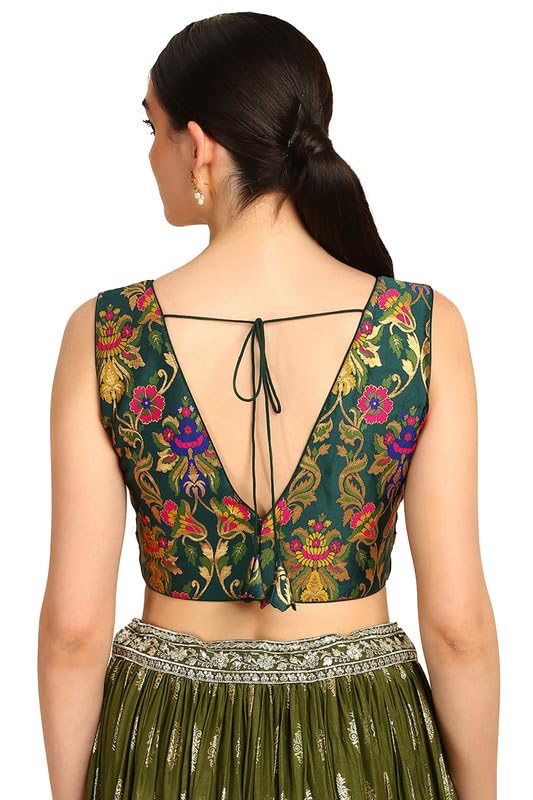 Soch Womens Green Floral Plunge Neck Silk Blend Padded Blouse
