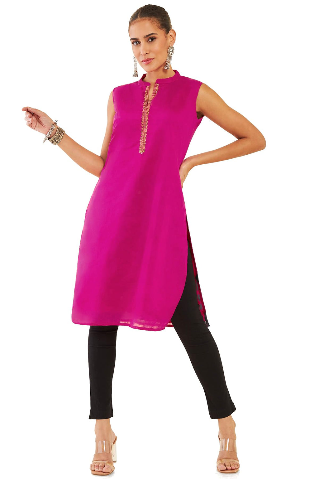 Soch Fuchsia Chanderi Sleeveless Kurta With Zari Woven Buttas And Embroidery