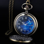 Tiong Vintage Blue Starry Night Moon Dial Roman Numerals Scale Pocket Watch with Chain Gifts for Birthday Graduation Christmas F
