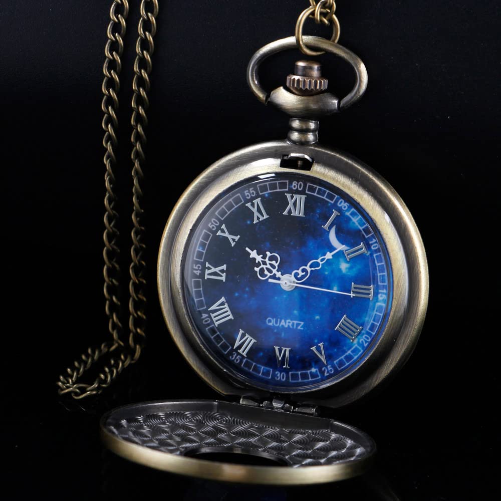 Tiong Vintage Blue Starry Night Moon Dial Roman Numerals Scale Pocket Watch with Chain Gifts for Birthday Graduation Christmas F