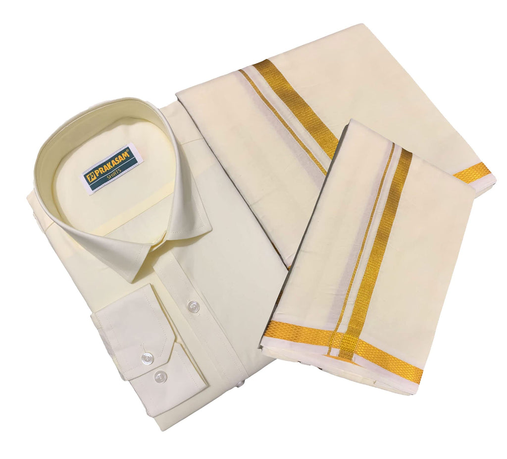 Prakasam Cotton Mens Cotton Wedding Set- A Pure Cotton Full Sleeve Cream Shirt + A Pure Cotton 8 Yard Dhoti (1.28X3.70 Mtrs) + S
