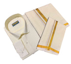 Prakasam Cotton Mens Cotton Wedding Set- A Pure Cotton Full Sleeve Cream Shirt + A Pure Cotton 8 Yard Dhoti (1.28X3.70 Mtrs) + S