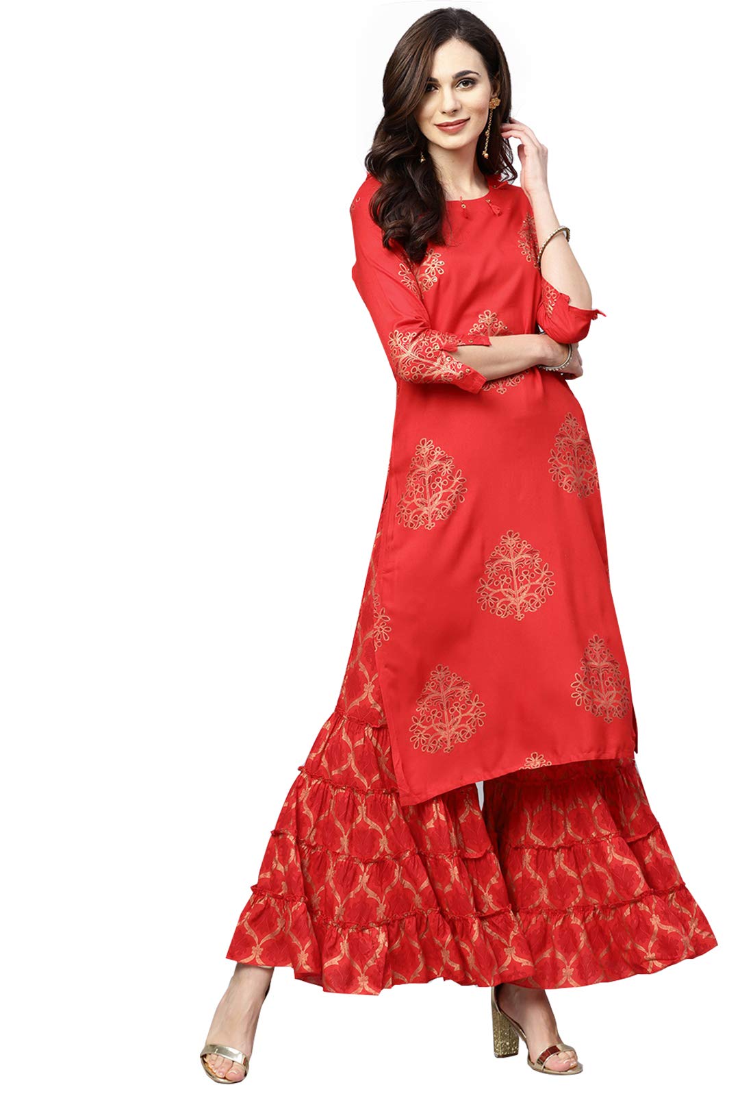 Ishin Women'S Rayon Red Foil Printed With Sequin Work A-Line Kurta Sharara Set
