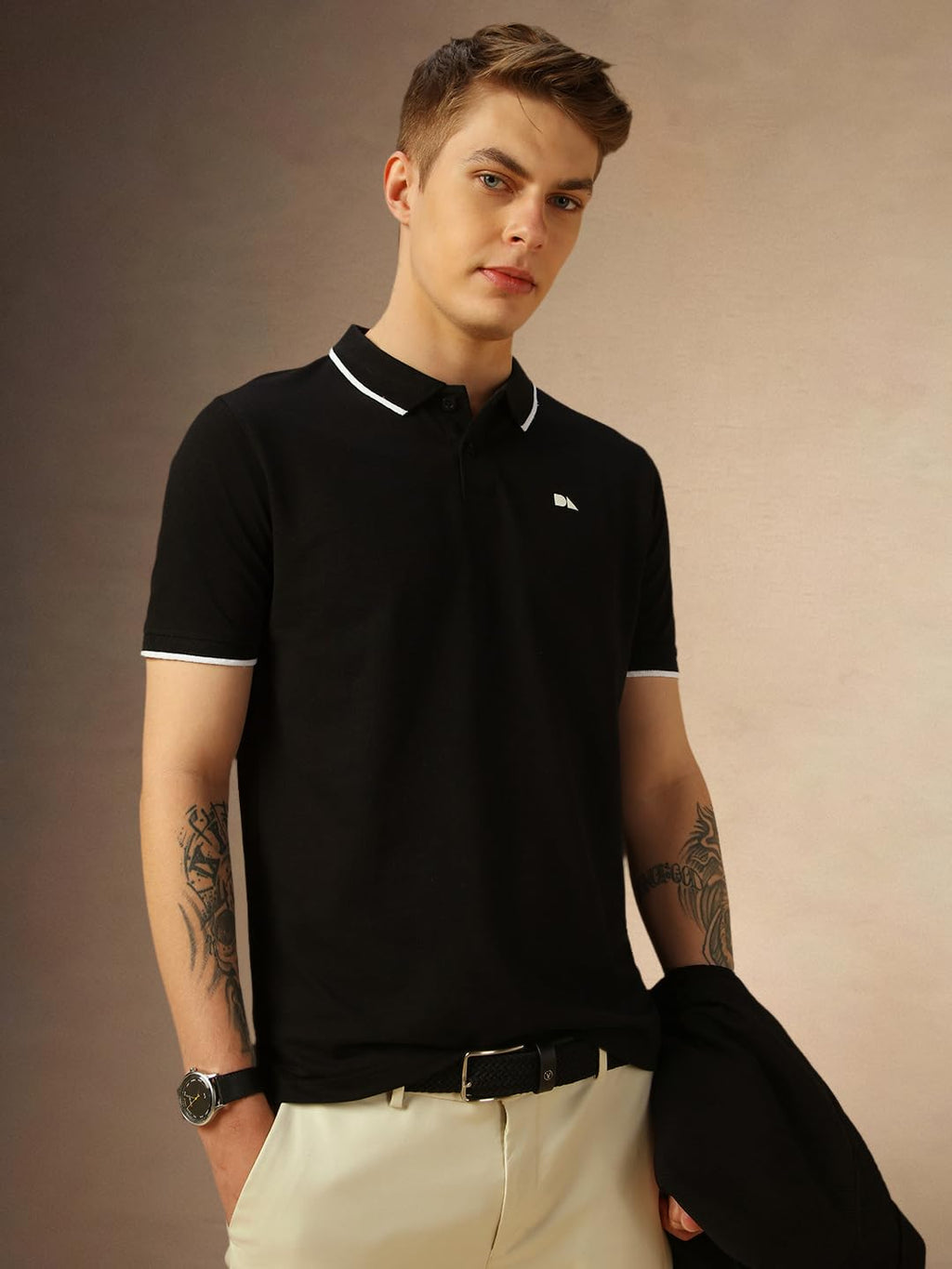 Dennis Lingo Mens Black Poly Cotton Loose Fit Solid Half Sleeve Polo T-Shirt