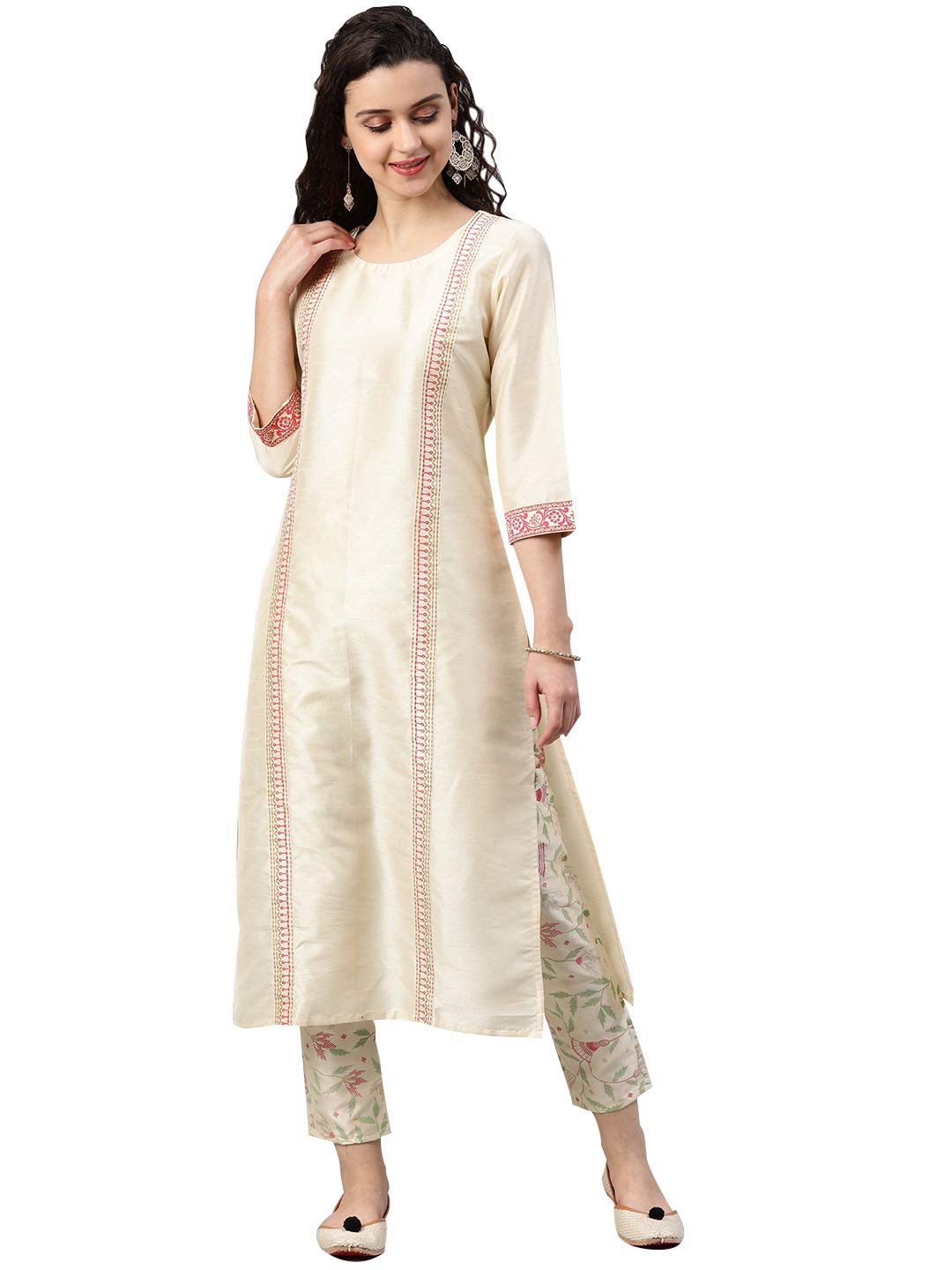 Ziyaa Women'S Off-White Poly Silk Straight Printed Kurta And Pant Set (Zikups2887Andpa-S_Off-White_S)