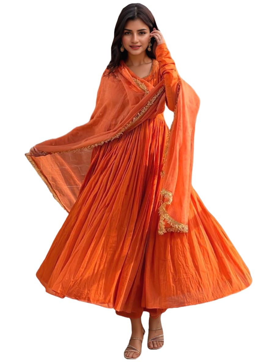 Anni Designer WomenS Rayon Viscose Anarkali Solid Kurta With Pant & Dupatta (Garbo Orange-Vks04_Xxl_Orange_Xx-Large)
