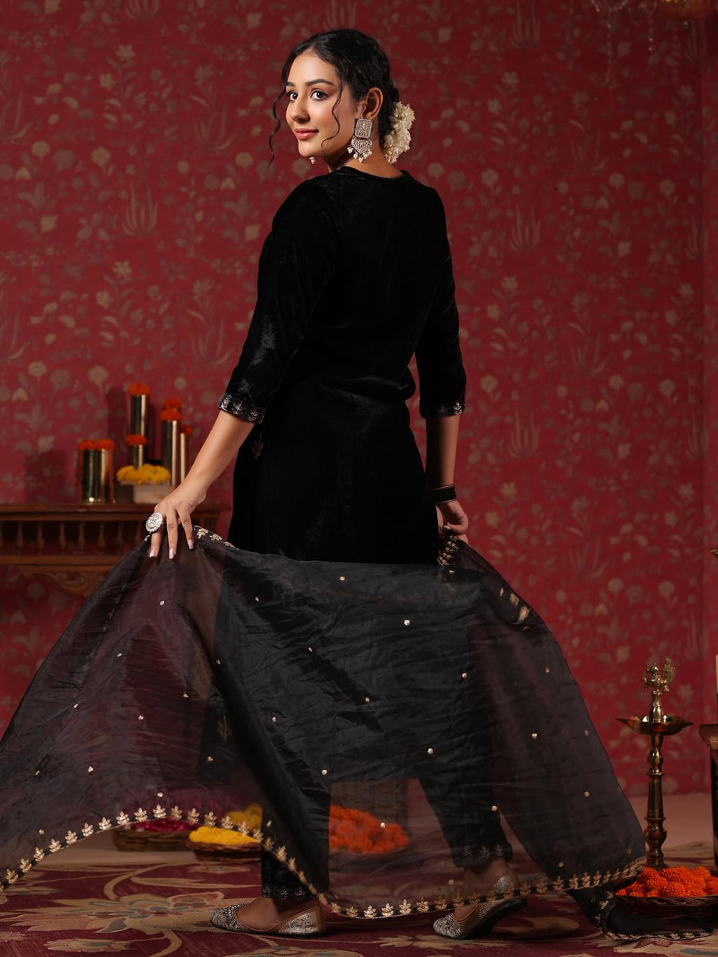 Ishin WomenS Velvet Zari Work Black Straight Kurta Suit Set With Trousers And Dupatta
