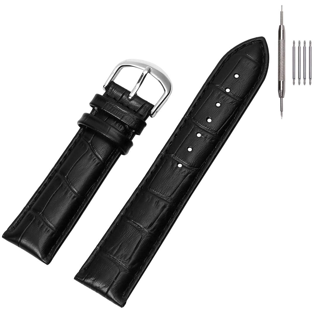 EACHE 19mm Leather Watch Bands, Croco Design Watch Strap for Men Women in Silver Buckle Black