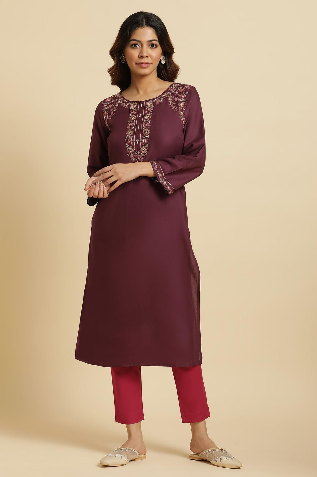 W Purple Floral Printed Regular Zari Kurta For Women