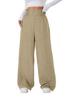 Sugathari Womens Beige Casual Wide Leg Pants  High Waist Elastic Waistband Loose Fit Long Trousers | Lightweight Straight Leg S