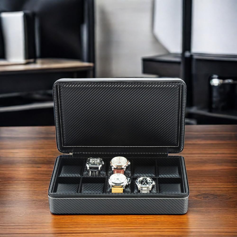 TimelyBuys 10 Watch Briefcase Black Carbon Fiber Zippered Travel Storage Case 50MM Father's Day