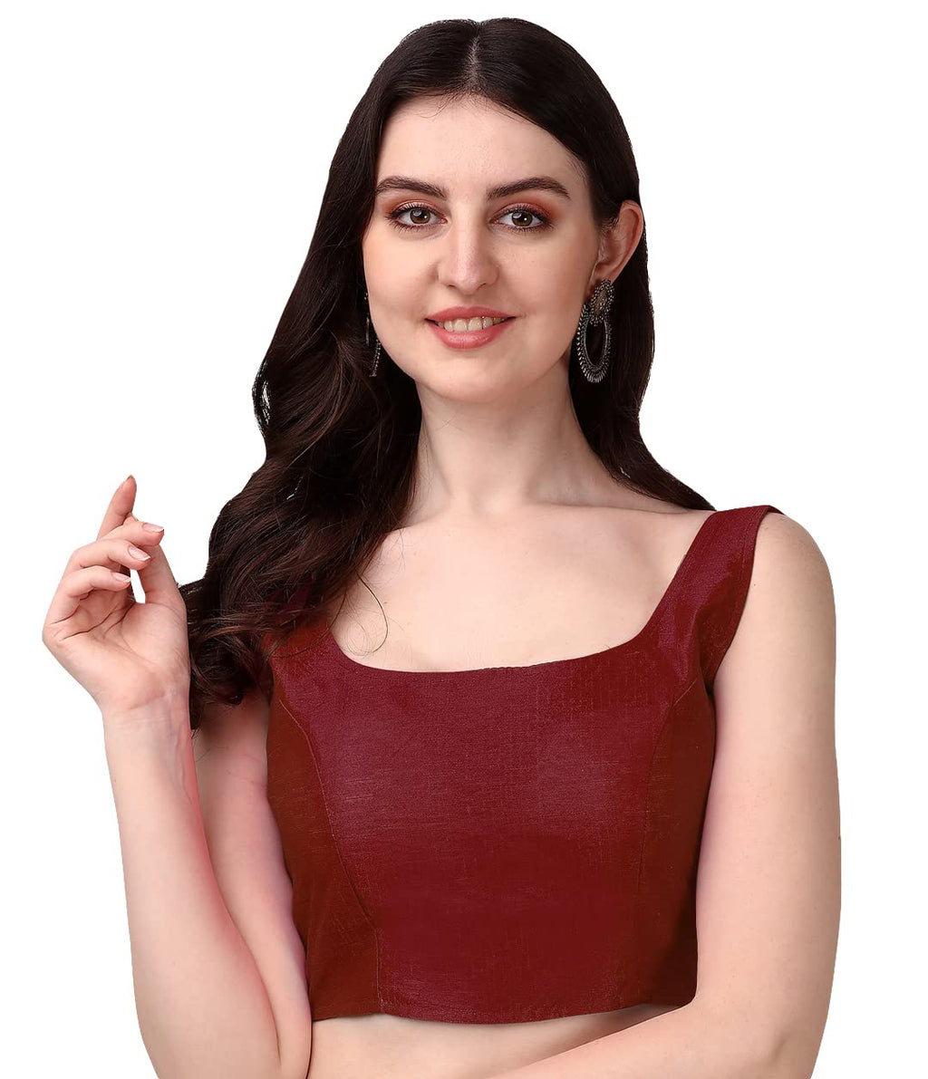 Pujia Mills Womens Deep Neck Silk Sleeveless Readymade Blouse (Sando_Maroon_38)