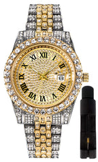 Hip Hop Watches for Men Iced-Out Bling Diamond Luxury Quartz Watches with Date (Gold)