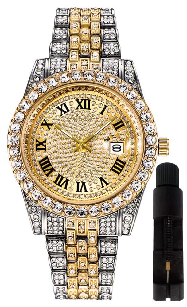 Hip Hop Watches for Men Iced-Out Bling Diamond Luxury Quartz Watches with Date (Gold)