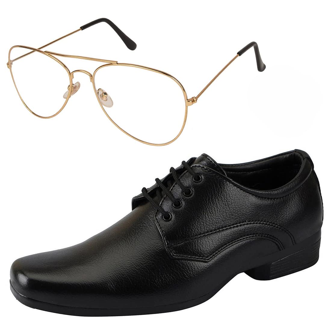 Vitoria Stylish Mens Synthetic Leather Black Formal Shoes with Free Unisex Sunglasses White Gold Avter/Office Shoes/Suit Shoes/ 8