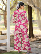 Pinkmint Womens Pure Cotton Co Ord Set l Flower Printed Co Ord Set l Stylish Pocket & 3/4 Sleeve Women Co-ord Set Pink