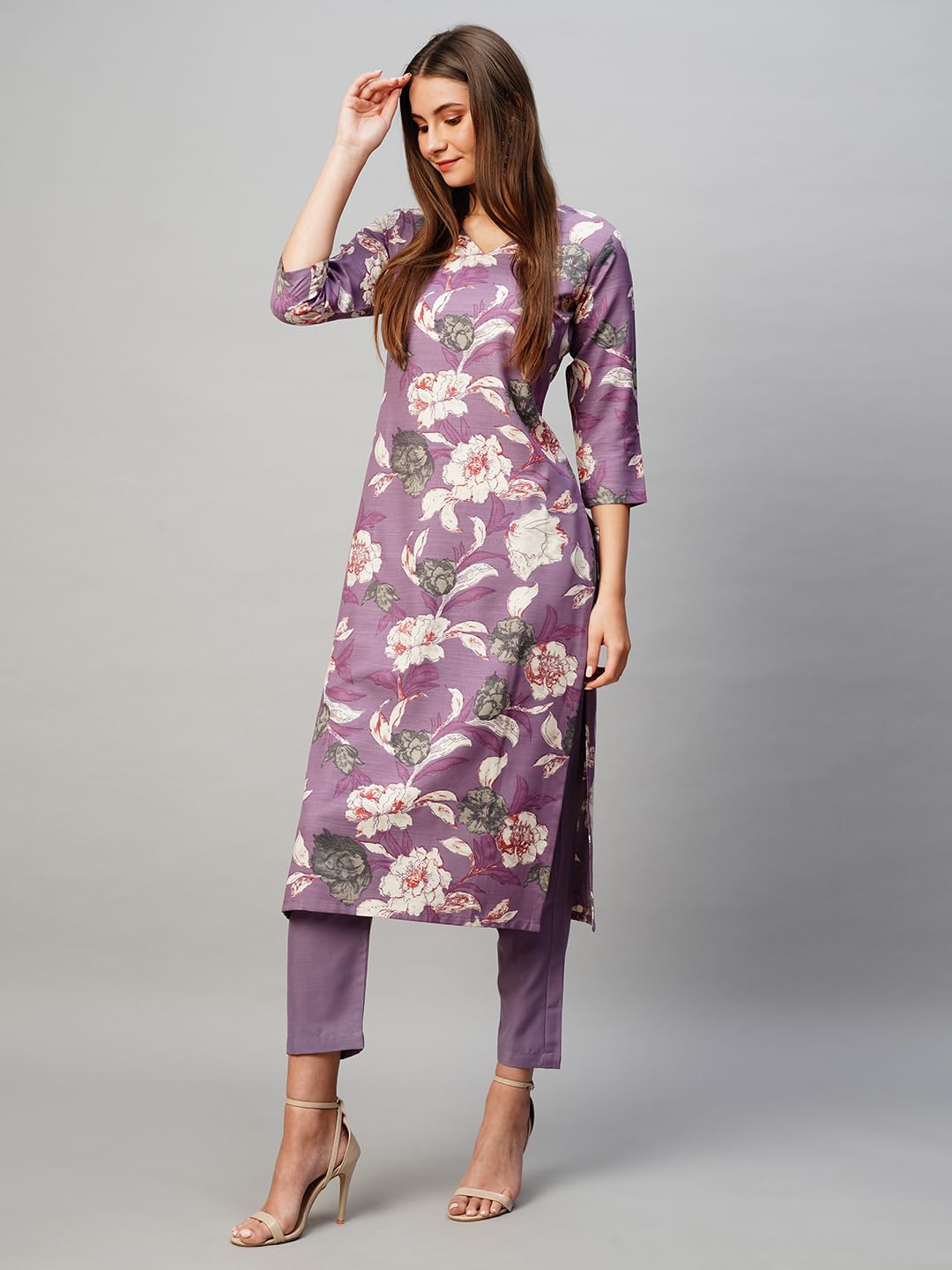 Gosriki Women'S Rayon Straight Printed Kurta With Pant Set (Dhun-Purple-Kbv-Gs_L_Purple_Large)