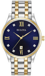 Bulova Men's Classic Two-Tone Stainless Steel 3-Hand Calendar Date Quartz Watch with Diamonds and Blue Dial Style: 98D130