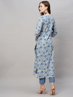 ANNI DESIGNER Womens Cotton Blend Printed Straight Kurta with Pant (Mung Blue_XL_Blue_X-Large)
