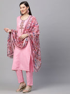 ANNI DESIGNER Womens Cotton Blend Solid Straight Kurta with Pant & Dupatta (Authentic-Baby Pink_S_Baby Pink_Small)