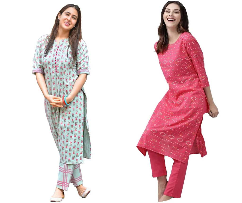 ANNI DESIGNER Women's Cotton Blend Printed Straight Kurta with Pant Pack of 2 (Combo-Disini-Excel Pink_M_Multi_Medium)