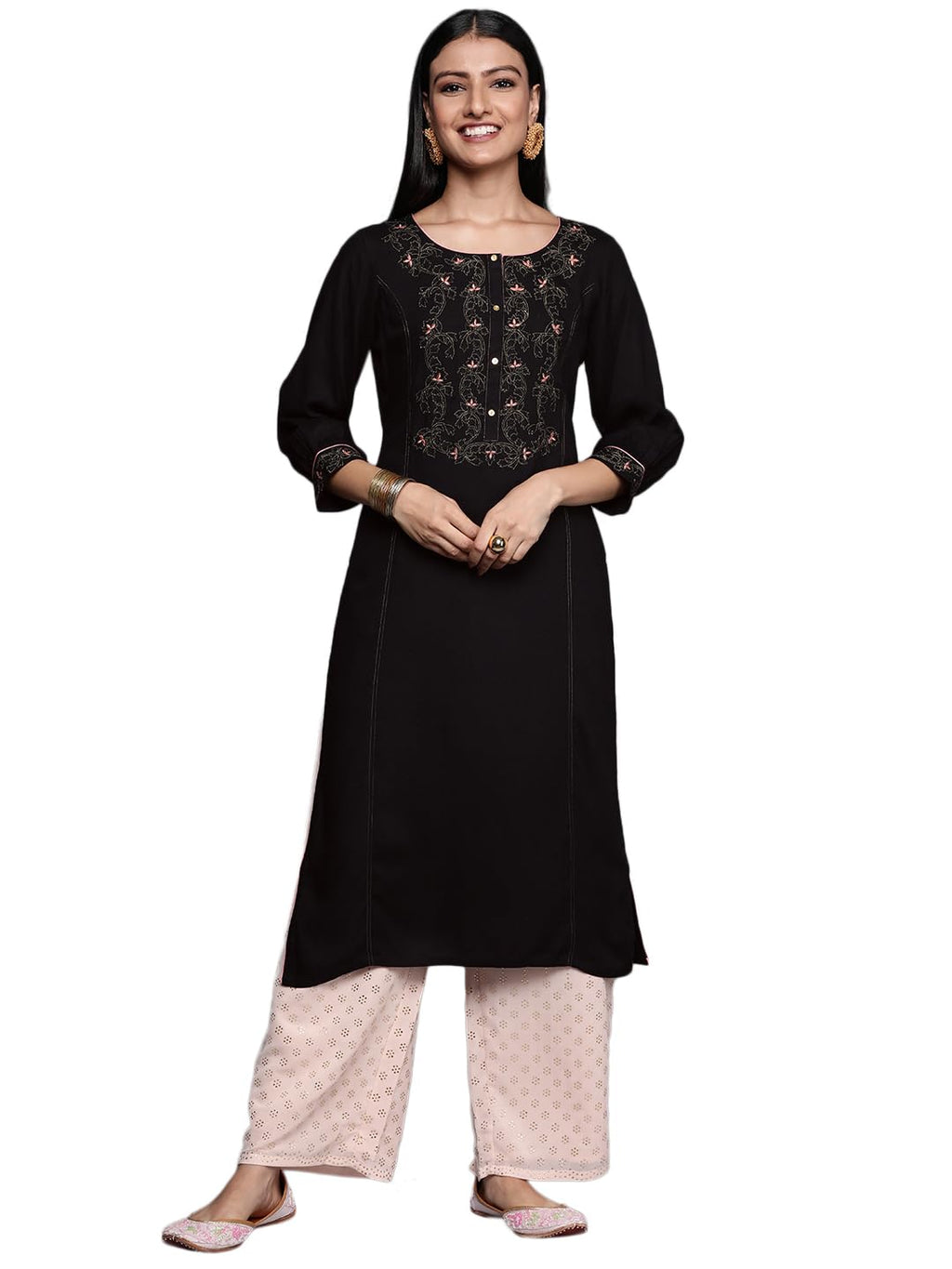 Libas Women'S Rayon Blend Printed Straight Kurta (24068O_Black