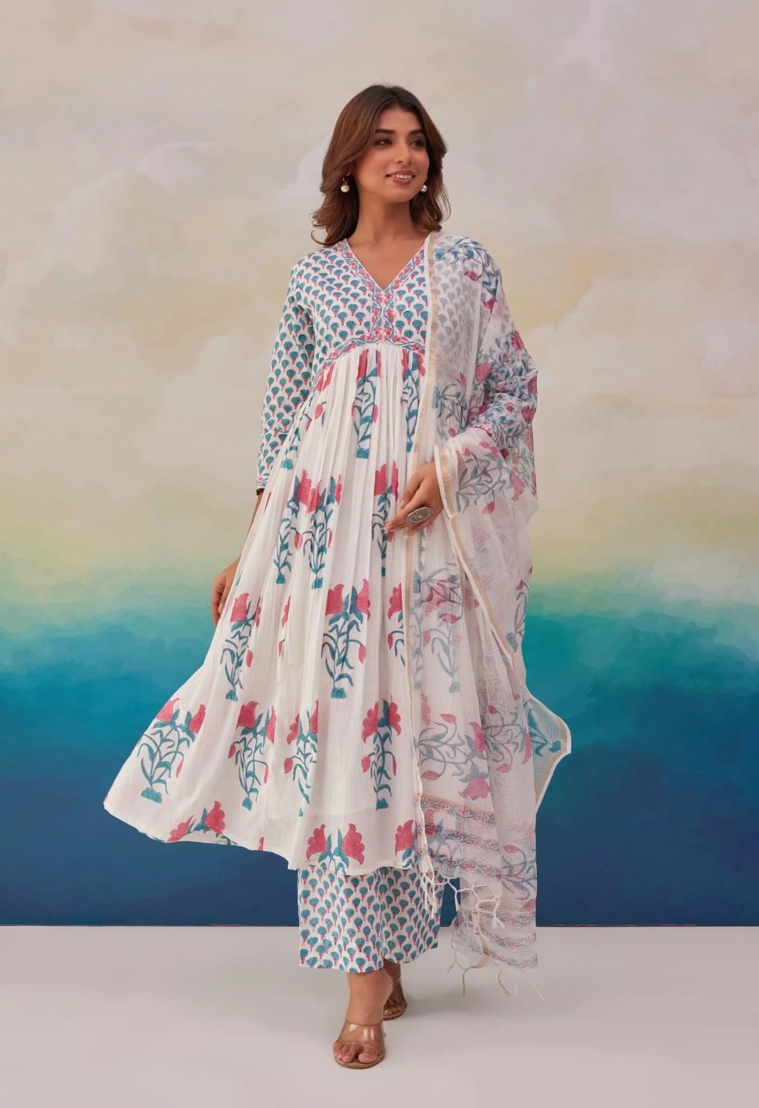 ANNI DESIGNER Womens Rayon Blend Printed Anarkali Kurta with Pant & Dupatta (Betul Pink_S_Pink_Small)